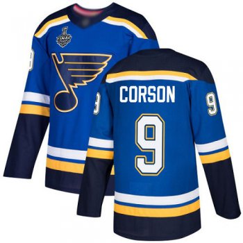 Men's St. Louis Blues #9 Shayne Corson Blue Home Authentic 2019 Stanley Cup Final Bound Stitched Hockey Jersey