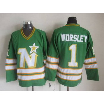 Men's Minnesota North Stars #1 Gump Worsley 1977-78 Green CCM Vintage Throwback Jersey