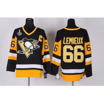 Men's Pittsburgh Penguins #66 Mario Lemieux Retired Black Throwback CCM 2017 Stanley Cup NHL Finals C Patch Jersey