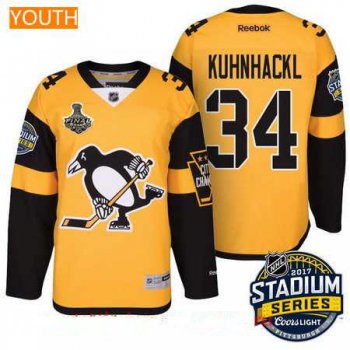 Youth Pittsburgh Penguins #34 Tom Kuhnhackl Yellow Stadium Series 2017 Stanley Cup Finals Patch Stitched NHL Reebok Hockey Jersey