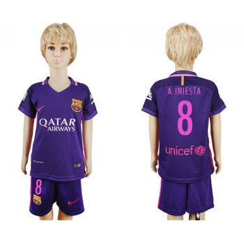 2016-17 Barcelona #8 A.INIESTA Away Soccer Youth Purple Shirt Kit