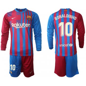 Men 2021-2022 Club Barcelona home red blue Long Sleeve 10 Nike Soccer Jersey