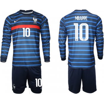 Men 2021 European Cup France home blue Long sleeve 10 Soccer Jersey