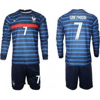 Men 2021 European Cup France home blue Long sleeve 7 Soccer Jersey