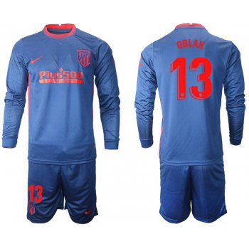 Men 2020-2021 club Atletico Madrid away long sleeves 13 blue Soccer Jerseys