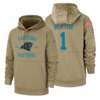 Carolina Panthers #1 Cam Newton Nike Tan 2019 Salute To Service Name & Number Sideline Therma Pullover Hoodie