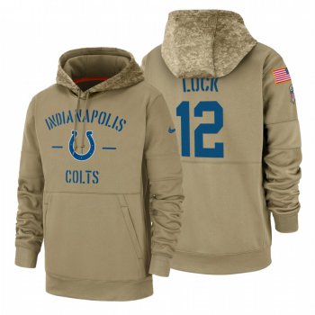 Indianapolis Colts #12 Andrew Luck Nike Tan 2019 Salute To Service Name & Number Sideline Therma Pullover Hoodie