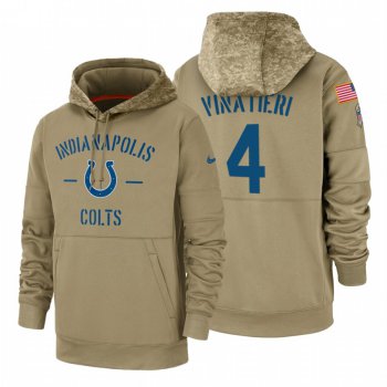 Indianapolis Colts #4 Adam Vinatieri Nike Tan 2019 Salute To Service Name & Number Sideline Therma Pullover Hoodie