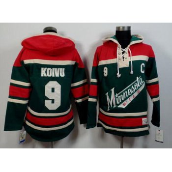 Men's Minnesota Wild #9 Mikko Koivu Old Time Hockey Green With Red Hoodie