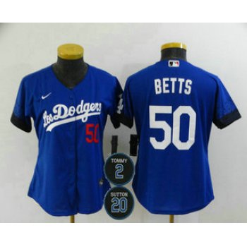 Women's Los Angeles Dodgers #50 Mookie Betts Blue #2 #20 Patch City Connect Number Cool Base Stitched Jersey