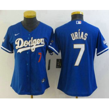 Women's Los Angeles Dodgers #7 Julio Urias Red Number Blue Gold Championship Stitched MLB Cool Base Nike Jersey