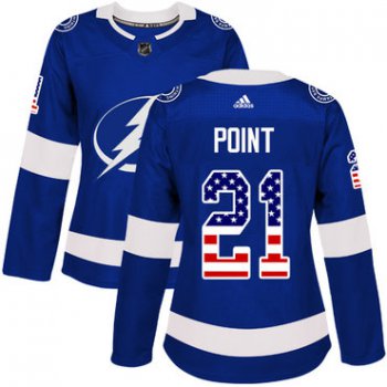 Adidas Tampa Bay Lightning #21 Brayden Point Blue Home Authentic USA Flag Women's Stitched NHL Jersey
