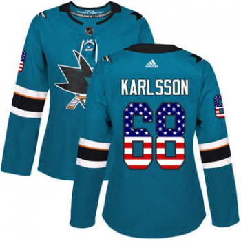 Adidas San Jose Sharks #68 Melker Karlsson Teal Home Authentic USA Flag Women's Stitched NHL Jersey