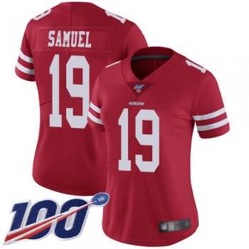 Nike 49ers #19 Deebo Samuel Red Team Color Women's Stitched NFL 100th Season Vapor Limited Jersey