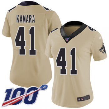 Nike Saints #41 Alvin Kamara Gold Women's Stitched NFL Limited Inverted Legend 100th Season Jersey