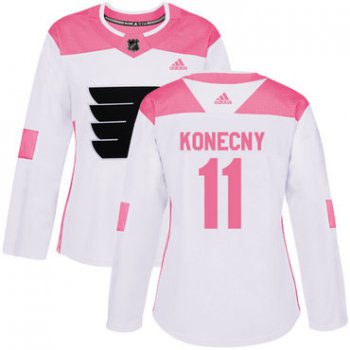 Adidas Philadelphia Flyers #11 Travis Konecny White Pink Authentic Fashion Women's Stitched NHL Jersey