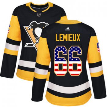 Adidas Pittsburgh Penguins #66 Mario Lemieux Black Home Authentic USA Flag Women's Stitched NHL Jersey