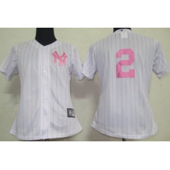 New York Yankees #2 Derek Jeter White With Pink Pinstripe Womens Jersey