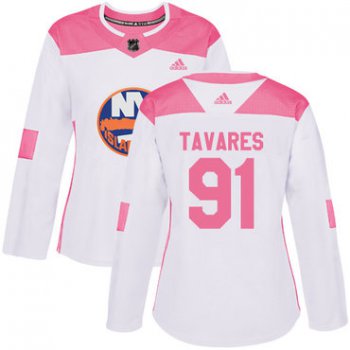 Adidas New York Islanders #91 John Tavares White Pink Authentic Fashion Women's Stitched NHL Jersey