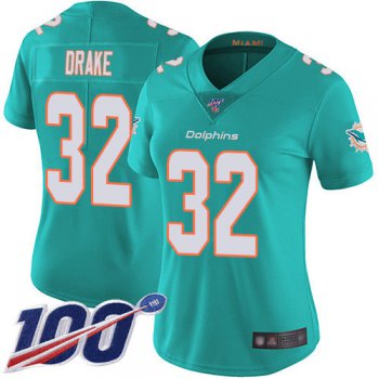 Nike Dolphins #32 Kenyan Drake Aqua Green Team Color Women's Stitched NFL 100th Season Vapor Limited Jersey