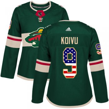 Adidas Minnesota Wild #9 Mikko Koivu Green Home Authentic USA Flag Women's Stitched NHL Jersey