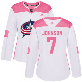 Adidas Columbus Blue Jackets #7 Jack Johnson White Pink Authentic Fashion Women's Stitched NHL Jersey