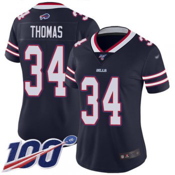 Nike Bills #34 Thurman Thomas Navy Women's Stitched NFL Limited Inverted Legend 100th Season Jersey