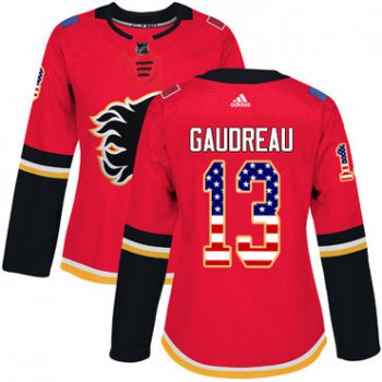 Adidas Calgary Flames #13 Johnny Gaudreau Red Home Authentic USA Flag Women's Stitched NHL Jersey