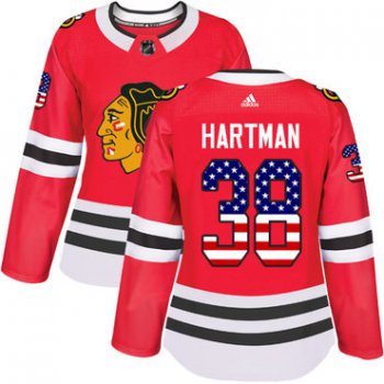 Adidas Chicago Blackhawks #38 Ryan Hartman Red Home Authentic USA Flag Women's Stitched NHL Jersey
