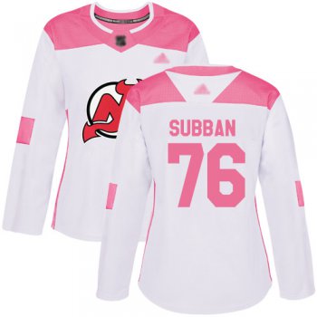 Devils #76 P. K. Subban White Pink Authentic Fashion Women's Stitched Hockey Jersey