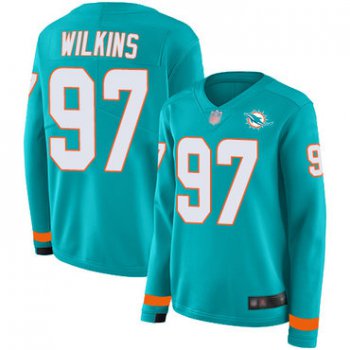 Dolphins #97 Christian Wilkins Aqua Green Team Color Women's Stitched Football Limited Therma Long Sleeve Jersey
