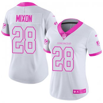 Women's Nike Cincinnati Bengals #28 Joe Mixon White Pink Stitched NFL Limited Rush Fashion Jersey