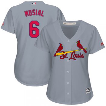 Cardinals #6 Stan Musial Grey Road Women's Stitched Baseball Jersey