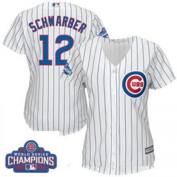 Women's Chicago Cubs #12 Kyle Schwarber Majestic Home White 2016 World Series Champions Team Logo Patch Player Jersey