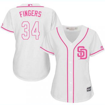 Padres #34 Rollie Fingers White Pink Fashion Women's Stitched Baseball Jersey