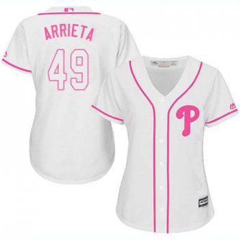 Phillies #49 Jake Arrieta White Pink Fashion Women's Stitched Baseball Jersey