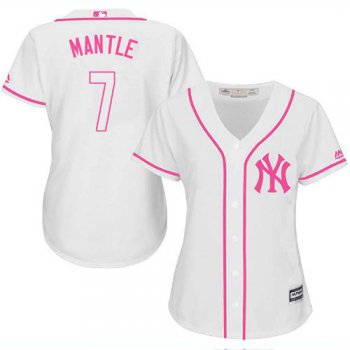 Yankees #7 Mickey Mantle White Pink Fashion Women's Stitched Baseball Jersey