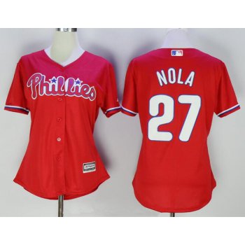 Women's Philadelphia Phillies #27 Aaron Nola Red Stitched MLB Majestic Cool Base Jersey