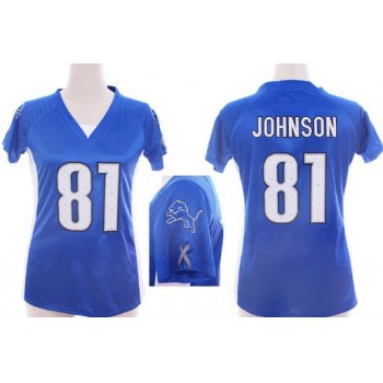 Nike Detroit Lions #81 Calvin Johnson 2012 Light Blue Womens Draft Him II Top Jersey