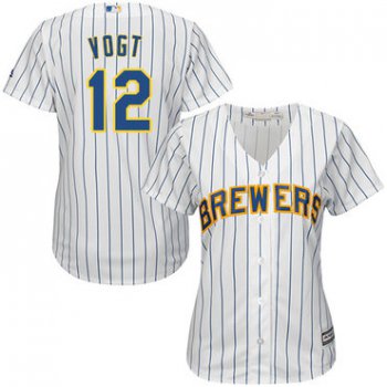 Brewers #12 Stephen Vogt White Strip Home Women's Stitched Baseball Jersey