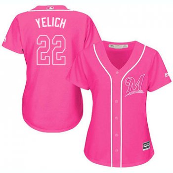 Brewers #22 Christian Yelich Pink Fashion Women's Stitched Baseball Jersey
