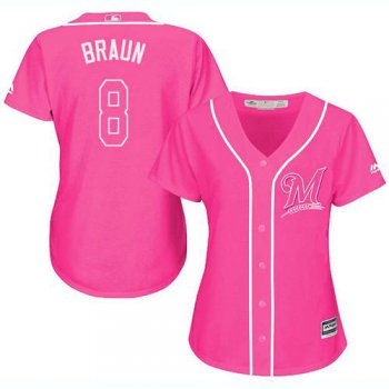 Brewers #8 Ryan Braun Pink Fashion Women's Stitched Baseball Jersey