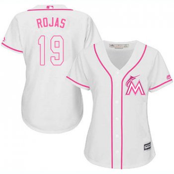 Marlins #19 Miguel Rojas WhitePink Fashion Women's Stitched Baseball Jersey