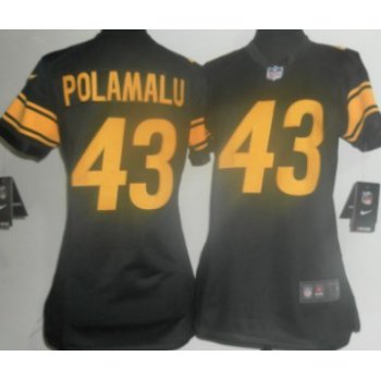 Nike Pittsburgh Steelers #43 Troy Polamalu Black With Yellow Game Womens Jersey