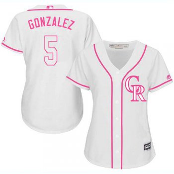 Rockies #5 Carlos Gonzalez White Pink Fashion Women's Stitched Baseball Jersey