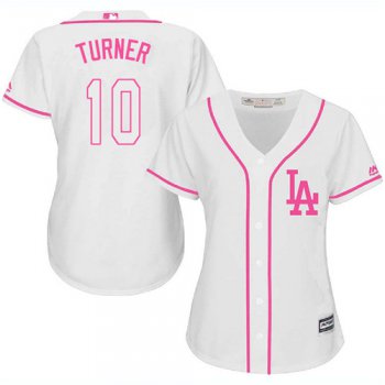 Dodgers #10 Justin Turner White Pink Fashion Women's Stitched Baseball Jersey