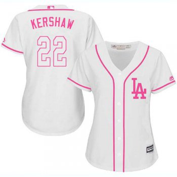 Dodgers #22 Clayton Kershaw White Pink Fashion Women's Stitched Baseball Jersey