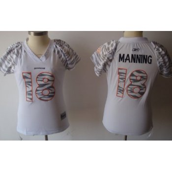 Denver Broncos #18 Peyton Manning White Womens Zebra Field Flirt Fashion Jersey