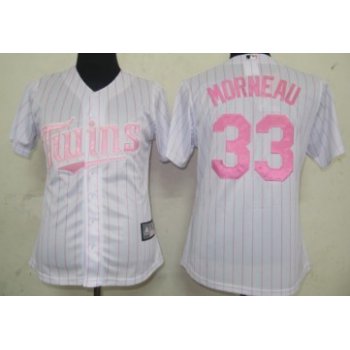 Minnesota Twins #33 Justin Morneau White With Pink Pinstripe Womens Jersey