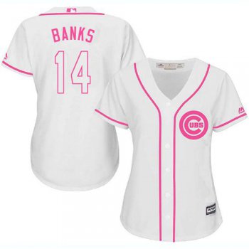 Cubs #14 Ernie Banks White Pink Fashion Women's Stitched Baseball Jersey